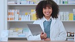 Portrait of happy black health care worker holding a clipboard while working in a modern drug store. Smiling pharmacist checking stock, doing inventory and making a list of supplies, ready to assist