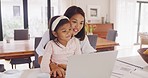 Mother and daughter having fun on laptop, bonding with internet and streaming movies while relaxing together at home. Happy girl learning, watching funny videos and searching the internet with parent