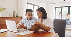 Stress, finance and upset parents talking about budget, home loan and school tuition while sitting with a list of expenses and a laptop. Couple worried about bad financial debt and mortgage payment
