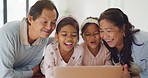 Fun, goofy and playful family for selfie on tablet with grandparents, grandchildren and little girls. Asian children, sisters and siblings having fun, goofing around and making silly face expressions