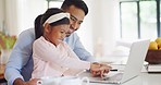 Happy, smiling and carefree daughter learning on laptop online, typing on the internet and doing education with father together. Loving, caring and content parent teaching child and browsing the web