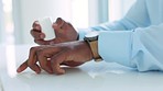 Closeup of hands, pills and healthy businessman taking medicine for stress, anxiety and pain relieve. Professional guy taking a vitamin for his health. Male doing medical treatment for cold or flu.