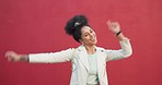 Happy, dance and comic woman from Israel with crazy energy dancing and singing music. Funny, comedy and excited dancer smile having the time of her life celebrating a summer day with a party mindset