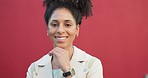 Face, happy and smile with a woman in studio against a red background with mockup. Closeup head portrait of a confident young female model in the latest fashion, clothes or style and feeling positive