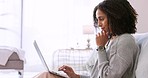 Woman with laptop thinking, typing and working on a freelance blog, news or social media content writing article. Girl remote worker at home typing a story for a online creative media brand website