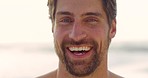 Happy, funny and portrait of man with big smile outdoor with sunshine and clear sky mockup or copy space. Laughing, handsome mature guy face closeup having fun on holiday break with mock up