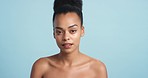 Black woman, beauty and skincare model with health, wellness and skin portrait in studio. Nude cosmetic, smile and happy natural face woman with facial dermatology routine and mock up space.