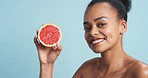 Black woman facial cosmetics and makeup grapefruit vitamin c skincare product for healthy natural beauty. Black African girl face model or smile, satisfaction and happy with treatment benefit mockup