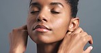 Beauty skincare, body love and black woman with wellness at dermatology spa, healthy cosmetic for skin and relax against grey mockup studio background. Face portrait of lifestyle model with self love