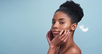 Face skincare cosmetics, black woman with soft luxury feathers and natural beauty makeup on blue background. Smooth bare shoulders product ad, wellness body spa and studio portrait of girl model