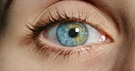 Closeup of woman with green and blue eyes or contact lens for vision, eyecare or eyesight awareness. Macro of medical optic exam for optical wellness and health. Beautiful, natural and human iris.