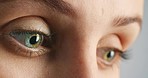 Eye, vision and focus with the green eyes of a woman at the optometrist to test her eyesight. Health, medical and beauty with a female testing her sight for prescription eyewear or contact lenses