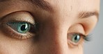 Eyes, focus and vision of a journalist woman with curious idea for research, innovation and awareness. Macro or closeup of person analyst, expert or optometrist for optometry, healthcare and wellness