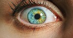 Eye, vision and awareness of woman opening eyelid for realization, idea or wow, Waking up, witness or searching macro, zoom or closeup for medical optometry examination or human iris and anatomy