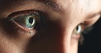 Eyes of woman, surveillance watch and biometric facial recognition of person on dark background. Optical vision, see eyesight of blue retina lens zoom and open closeup profile with macro closeup