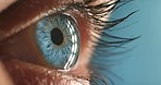 Woman face, blue eyes and vision focus, thinking idea and contact lenses to see, eyesight and awareness. Closeup macro on face, eyeball and optometry test stare with awake perception of human anatomy