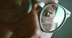 Macro of senior eyes with reflection of internet on glasses, person use phone or tablet technology. Elderly man or woman with spectacles and cellphone or laptop to surf the web in zoom portrait