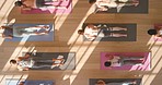 Yoga, exercise and top view of women in zen, relax or health workout training for energy wellness or peace. Diversity friends or fitness people on pilates studio room floor for mental health exercise