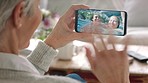 Wave, phone and woman on video call communication with grand children swimming in ocean, sea or lake water. Talk, discussion and happy senior or elderly lady on digital smartphone video conversation