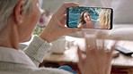 Social distance, vacation and video call with family, grandmother with smartphone on call with girls on holiday. Senior woman waving, talking and smiling with grandchildren having fun