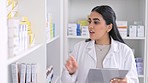 Woman medical pharmacist checklist the medicine or pills shelf at a pharmacy while using a clipboard alone at work. Healthcare professional doing stock take with supplies at a clinic storage room