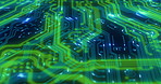 Circuit board, 3D light design and pattern of futuristic cyber security or digital programming for software data. Abstract zoom of networking, big data code or cybersecurity background texture for ai