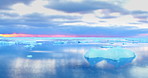 Water ocean sky with iceberg snow, climate change sustainability and solar sunrise on Iceland sea environment. Calm landscape ecology, planet diversity of world nature and global earth sea travel