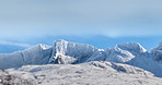 Landscape of ice, winter or snow on mountain with blue sky background and mockup. Empty arctic nature environment for global warming or snowy hiking with natural textures mock up banner and sunshine