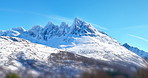 Landscape of ice, winter or snow on mountain with blue sky background and mockup. Travel, cold and empty arctic nature environment for global warming with a snowy alps  summit and natural textures 