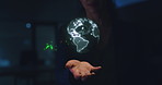 Cyberspace, world globe and metaverse stocks in the hand of business woman or broker in a dark office. Investment, hologram and futuristic ai technology trading growth or global blockchain interface