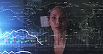 Stock market hologram with business woman analytics report on financial increase or profit with lines, graph and chart of big data. IT accountant with futuristic worldwide, or international economy