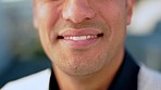 Happy, man and smile of a person with healthy teeth and dental care and happiness. Male face mouth zoom to show good oral hygiene of a dentist patient results after braces, cleaning or Invisalign 
