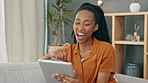 Video call, hello and tablet with black woman talking online conversation, communication and greeting on her sofa in her living room. Video conference, internet and digital with young female at home 