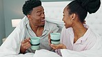 Bed, morning and couple together with mug of coffee to talk about good news and surprise in home. Wow, omg and happy announcement from black woman in married relationship with support and love.