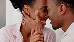 Happy, love or couple in home bedroom, house or luxury hotel for honeymoon or bonding after marriage, valentines day or anniversary. Smile, comic or zoom on man and black woman with forehead touching