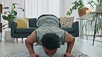 Exercise man, yoga stretching and home fitness in living room floor for wellness, balance training and strong body. Healthy guy, pilates focus and flexible cobra workout performance in house lounge