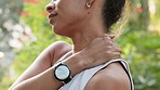Woman massage neck pain, athlete sport injury and exercise muscle body fitness. Outdoor summer workout, medical emergency and healthy person wellness. Relax spine in nature and training accident