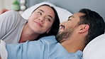 Couple reading social media notification on phone, talking with internet on smartphone in bed and doing search on funny app in bedroom. Comic, happy and Asian man and woman smile at meme on web