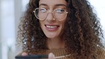 Voice message, phone and woman laughing in a conversation with friend or client at the office. Happy female in mobile communication recording a message or talking into speaker on a smartphone at work