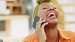 Laughing black woman, talking phone call and funny conversation, communication and speaking at home mobile technology. Happy, face and young person, smile and contact discussion on house smartphone