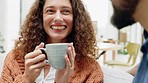 Love, laugh and coffee during talking communication in a happy marriage between couple with a close bond. Smile of woman talking to her man to relax and show commitment and flirting in a relationship