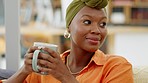 Coffee break, relax and black woman in creative business or design agency enjoying her free time with a cup of tea or espresso. Happy african professional worker with a mug drinking a beverage