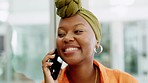 Startup, phone call and happy business woman talking to a client on a phone, smile while discussing goal. Young corporate employee sharing vision or mission for marketing strategy, feeling positive