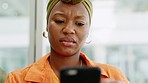 Confused face black woman, reading phone and social media, online and notification. African, question and angry young female thinking why, fake news mobile media and frustrated internet web gossip