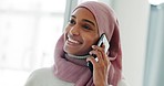 Phone call communication from Islamic muslim girl talking, conversation or chat on 5g smartphone call. Happy, smile and modern Islam, Pakistan or Afghanistan woman with hijab gossip about bad fashion