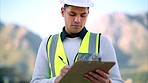 Construction worker, building engineer or man with clipboard paper writing or planning engineering supply stock. Thinking, innovation or designer with vision for real estate, property or architecture
