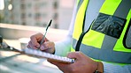 Checklist, writing and clipboard with safety man on construction site checking or signing documents. Inspection, manager and examination with architect or design engineer with contractor service