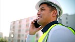 Logistics worker talking on phone call, in communication about construction of building and planning renovation of architecture in the city. Architect with 5g connection working in maintenance