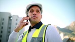 Architect, engineer or construction worker phone call for project building planning or industrial development goal. Manager or supervisor man talking of outdoor site strategy mission at industry job
