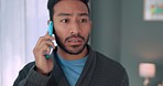 Stress, worried and problem phone call while looking upset while talking about bad service at home. Frustrated, angry and furious asian guy during a negative, bad or unpleasant conversation 